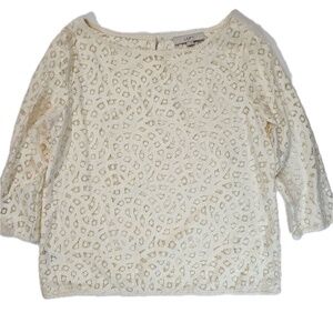 LOFT Blouse‎ Womens Medium White Lace Geometric 3/4 Sleeve Boat Neck Top